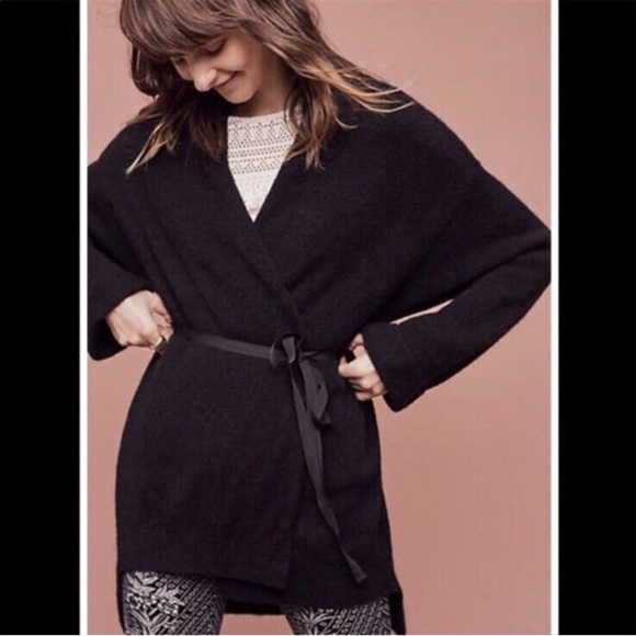 Anthropologie Moth Black Long Sleeve Wool Blend Tie Front Vallon Cardigan Sz M - Picture 1 of 12